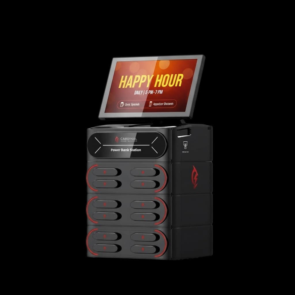 Cardinal tabletop charging station displaying a happy hour promotion